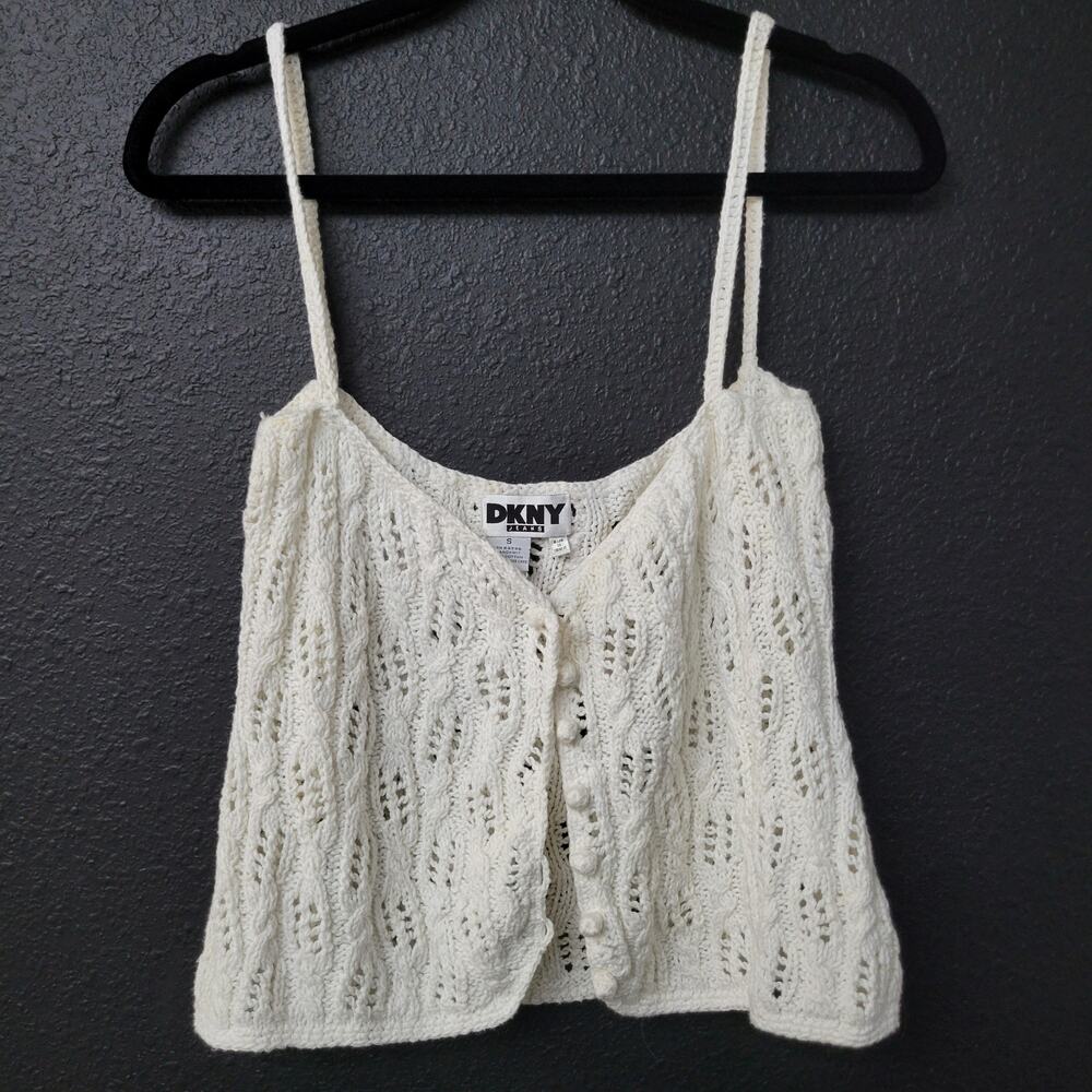 Vintage 90s DKNY Jeans Crochet Knit Tank Top Small Ivory Button Front